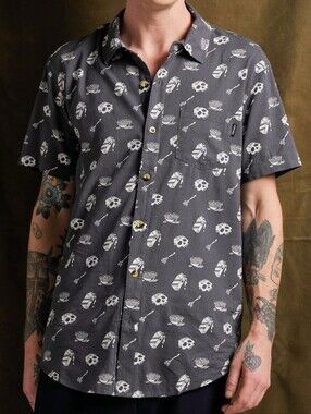 Pyknic Gray (size small) Short-Sleeve Printed Button-Up Shirt, "Cereal Killer"